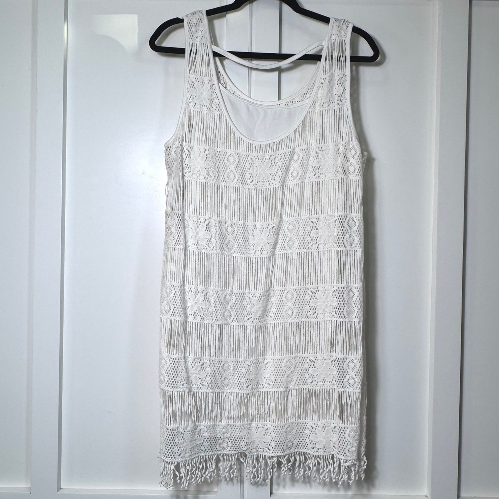 American Eagle White Crochet Fringe Mini Dress Womens Large Boho Festival 9640 L